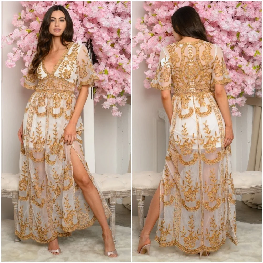 Gold & Black lace & embroidered maxi Dress - Picture 14 of 14